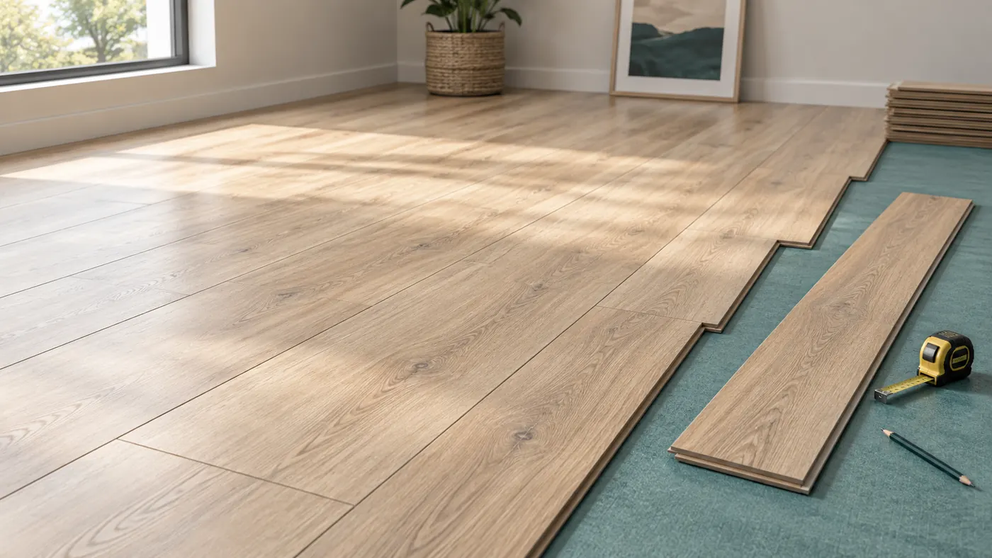Lamas de suelo laminado colocadas con juntas alternas y una zona pendiente de cubrir