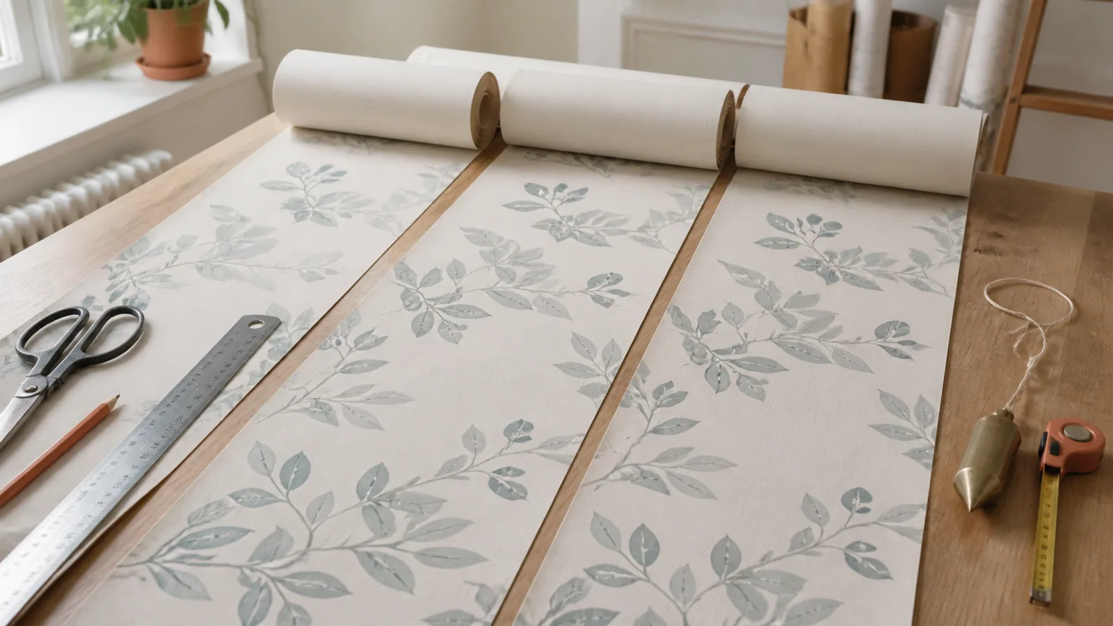 Tres paños de papel pintado alineados por el dibujo sobre una mesa de corte