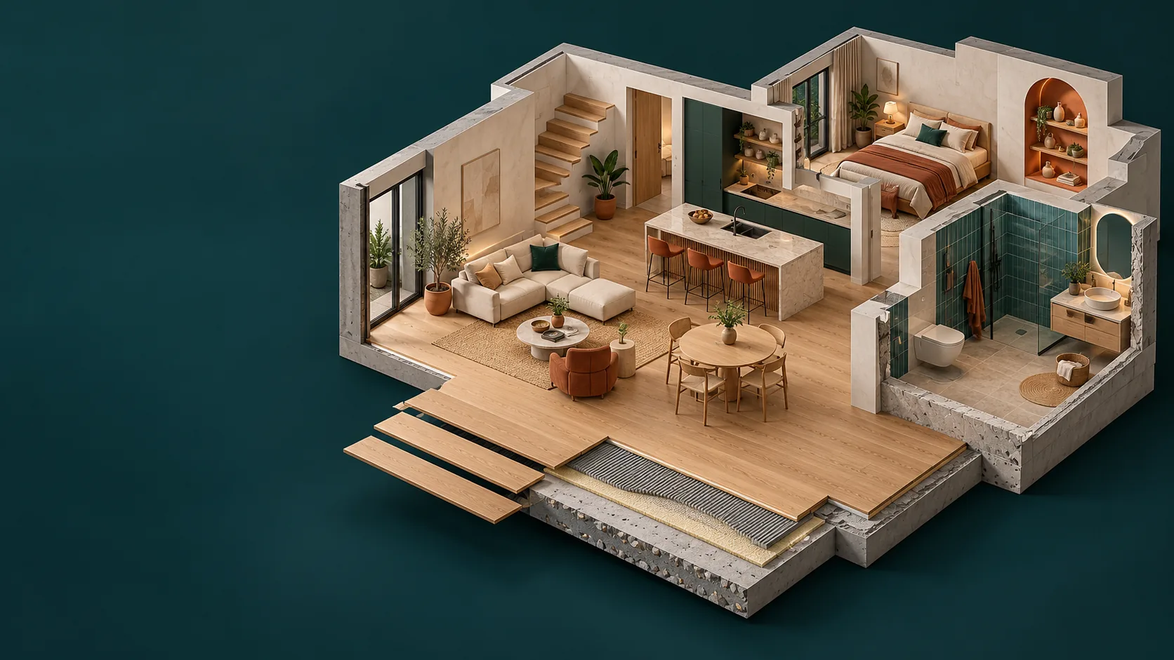 Render conceptual 3D de una vivienda con suelo de madera, paredes y baño alicatado, con materiales visibles en el borde del suelo